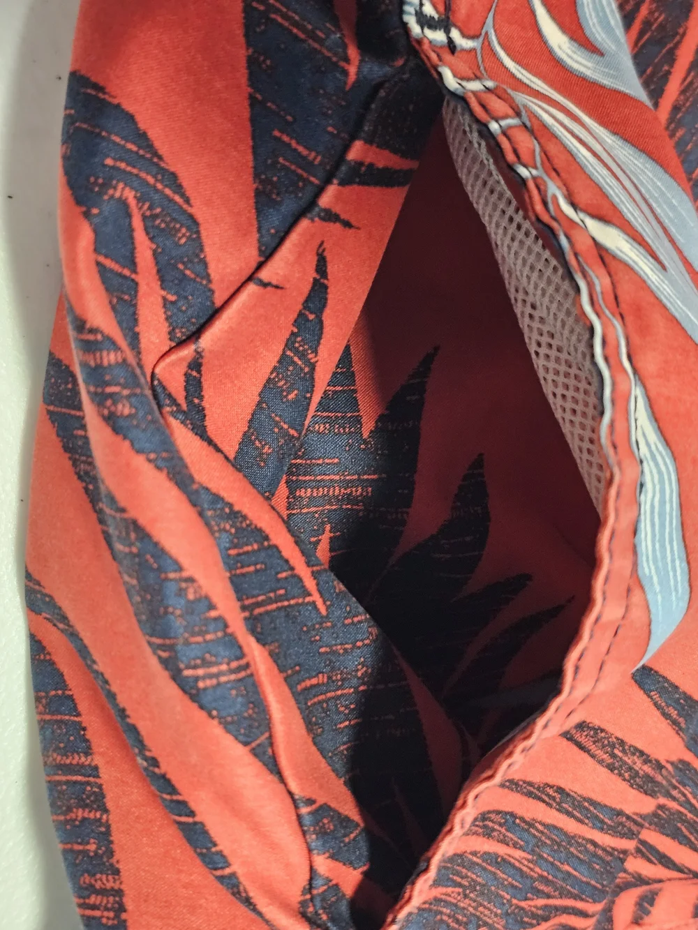 Nautica Red Swim Shorts with Black and Light Blue Tropical Leaf Print Large